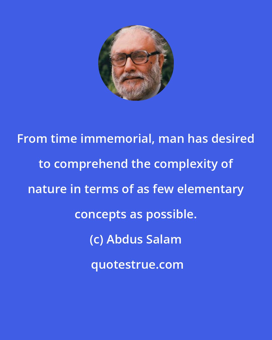 Abdus Salam: From time immemorial, man has desired to comprehend the complexity of nature in terms of as few elementary concepts as possible.