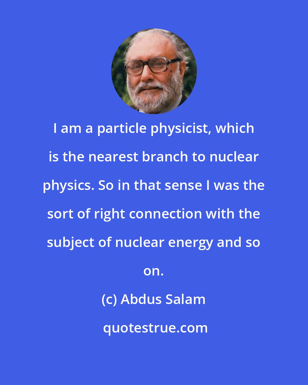 Abdus Salam: I am a particle physicist, which is the nearest branch to nuclear physics. So in that sense I was the sort of right connection with the subject of nuclear energy and so on.