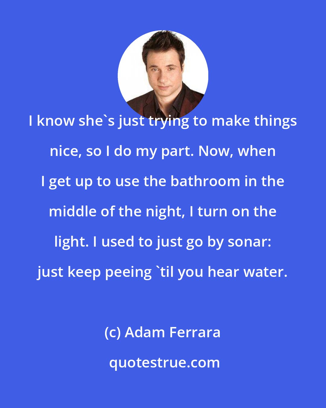 Adam Ferrara: I know she's just trying to make things nice, so I do my part. Now, when I get up to use the bathroom in the middle of the night, I turn on the light. I used to just go by sonar: just keep peeing 'til you hear water.