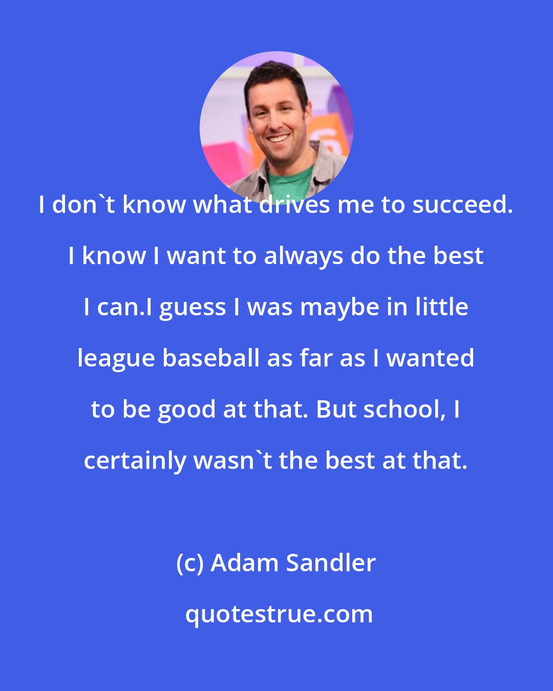 Adam Sandler: I don't know what drives me to succeed. I know I want to always do the best I can.I guess I was maybe in little league baseball as far as I wanted to be good at that. But school, I certainly wasn't the best at that.