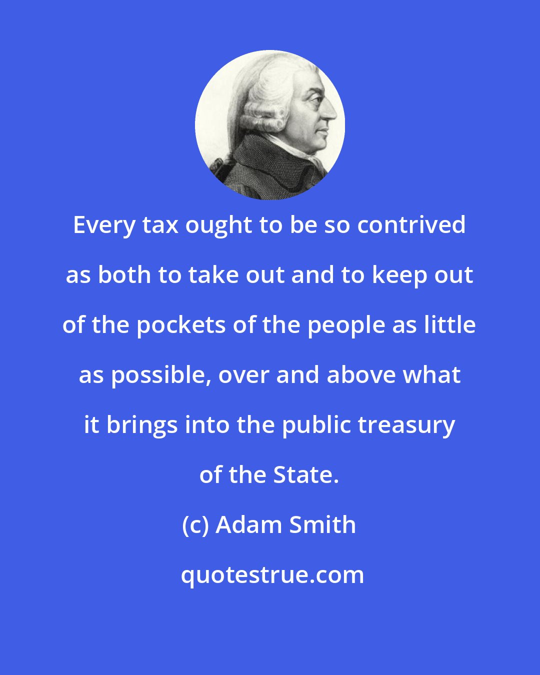 Adam Smith: Every tax ought to be so contrived as both to take out and to keep out of the pockets of the people as little as possible, over and above what it brings into the public treasury of the State.