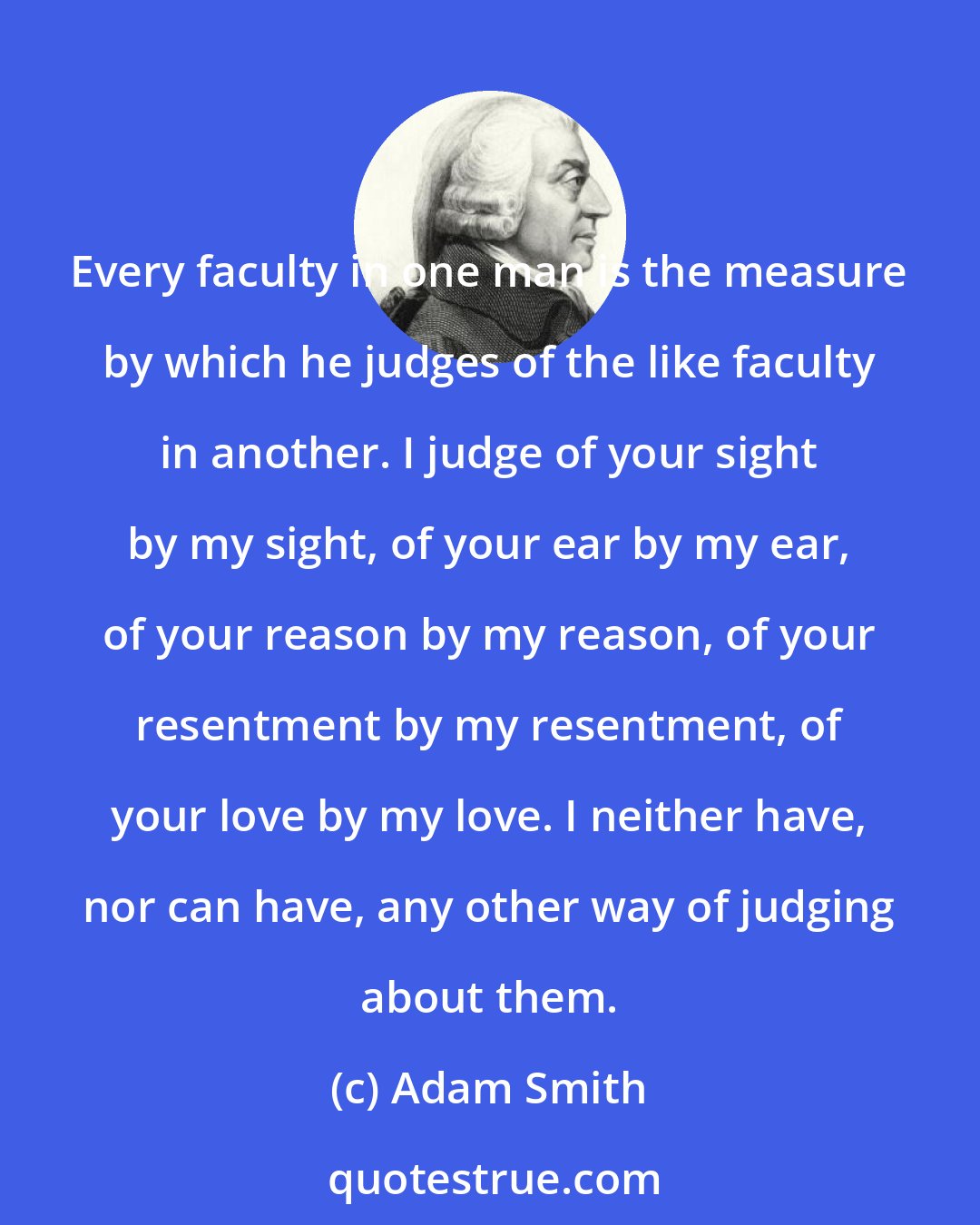 Adam Smith: Every faculty in one man is the measure by which he judges of the like faculty in another. I judge of your sight by my sight, of your ear by my ear, of your reason by my reason, of your resentment by my resentment, of your love by my love. I neither have, nor can have, any other way of judging about them.