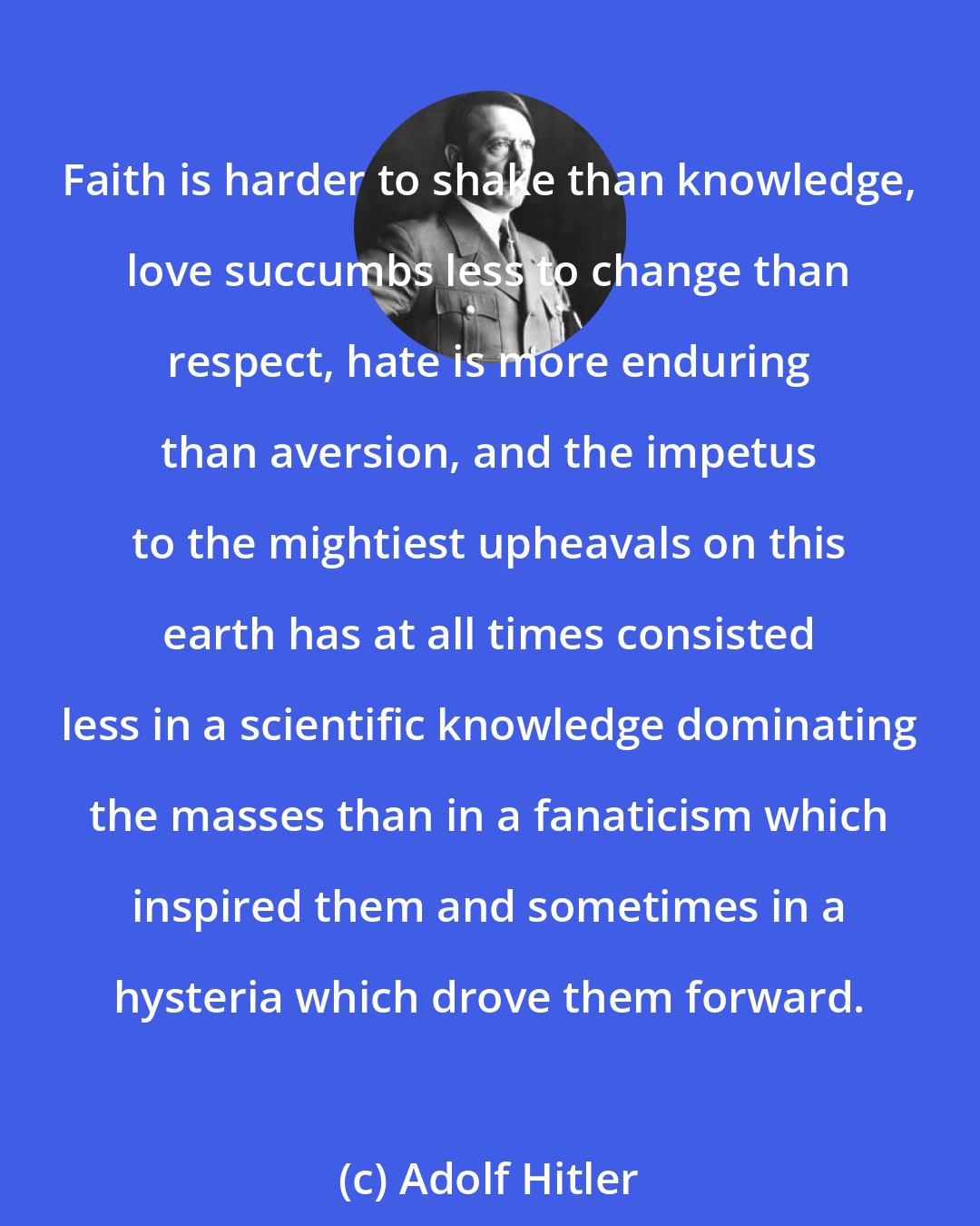 Adolf Hitler: Faith is harder to shake than knowledge, love succumbs less to change than respect, hate is more enduring than aversion, and the impetus to the mightiest upheavals on this earth has at all times consisted less in a scientific knowledge dominating the masses than in a fanaticism which inspired them and sometimes in a hysteria which drove them forward.