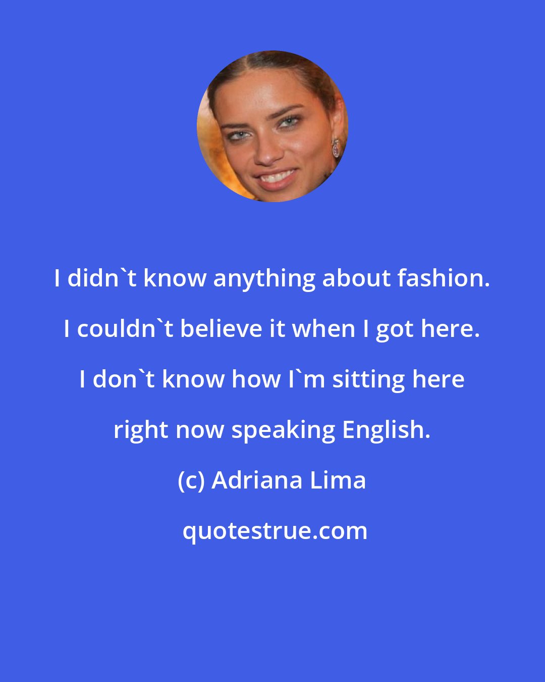 Adriana Lima: I didn't know anything about fashion. I couldn't believe it when I got here. I don't know how I'm sitting here right now speaking English.