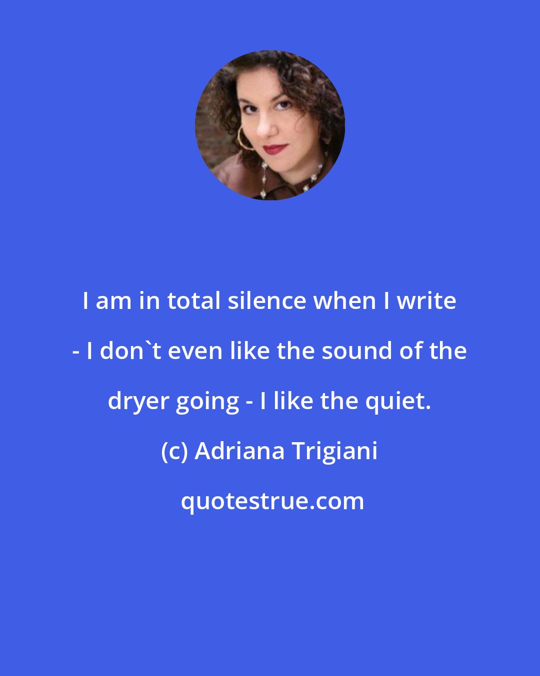 Adriana Trigiani: I am in total silence when I write - I don't even like the sound of the dryer going - I like the quiet.