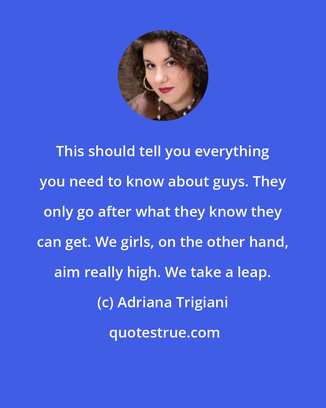 Adriana Trigiani: This should tell you everything you need to know about guys. They only go after what they know they can get. We girls, on the other hand, aim really high. We take a leap.