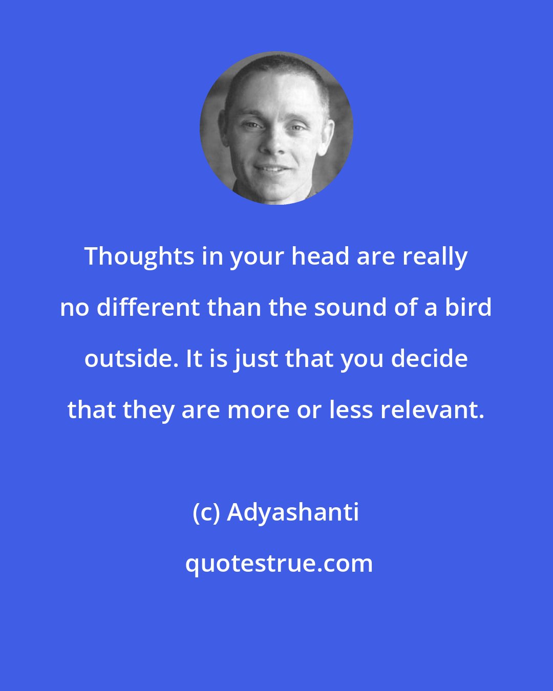 Adyashanti: Thoughts in your head are really no different than the sound of a bird outside. It is just that you decide that they are more or less relevant.