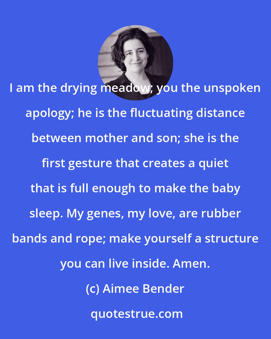 Aimee Bender: I am the drying meadow; you the unspoken apology; he is the fluctuating distance between mother and son; she is the first gesture that creates a quiet that is full enough to make the baby sleep. My genes, my love, are rubber bands and rope; make yourself a structure you can live inside. Amen.