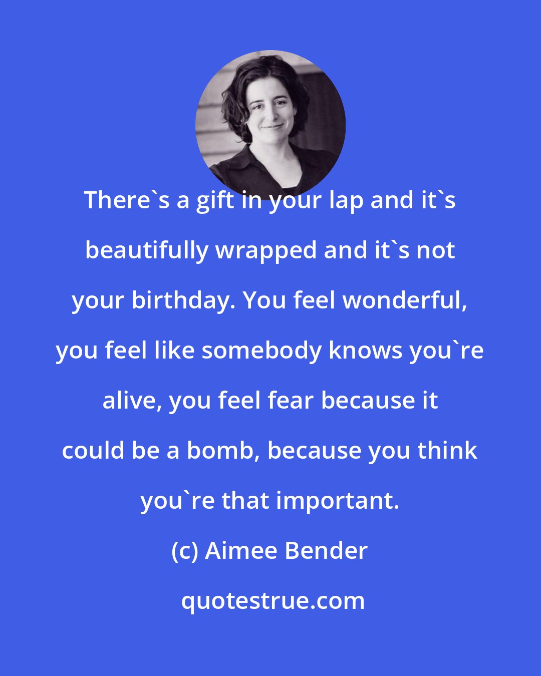 Aimee Bender: There's a gift in your lap and it's beautifully wrapped and it's not your birthday. You feel wonderful, you feel like somebody knows you're alive, you feel fear because it could be a bomb, because you think you're that important.