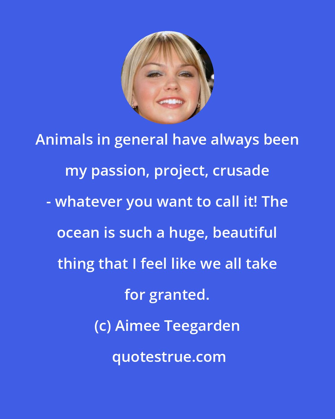 Aimee Teegarden: Animals in general have always been my passion, project, crusade - whatever you want to call it! The ocean is such a huge, beautiful thing that I feel like we all take for granted.