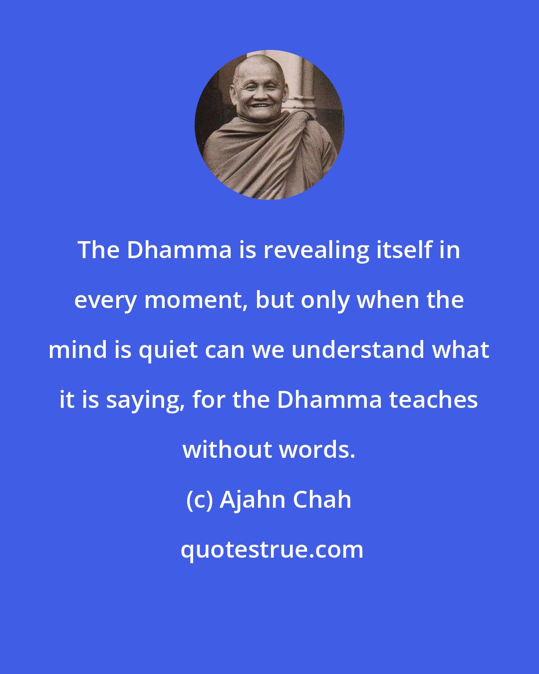 Ajahn Chah: The Dhamma is revealing itself in every moment, but only when the mind is quiet can we understand what it is saying, for the Dhamma teaches without words.