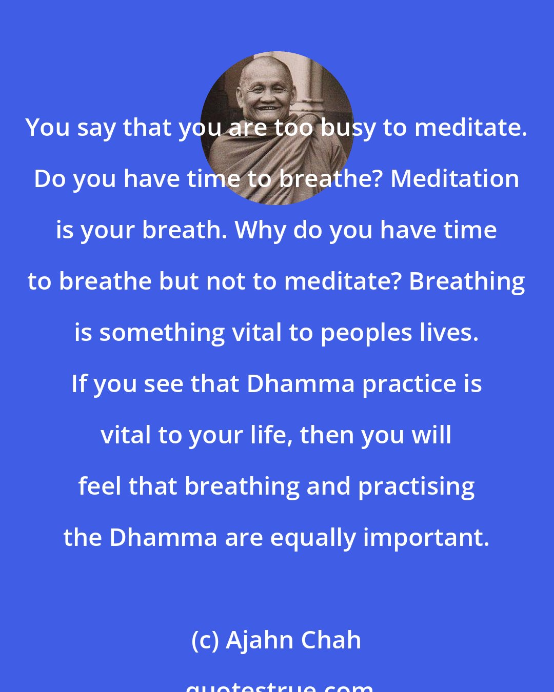 Ajahn Chah: You say that you are too busy to meditate. Do you have time to breathe? Meditation is your breath. Why do you have time to breathe but not to meditate? Breathing is something vital to peoples lives. If you see that Dhamma practice is vital to your life, then you will feel that breathing and practising the Dhamma are equally important.