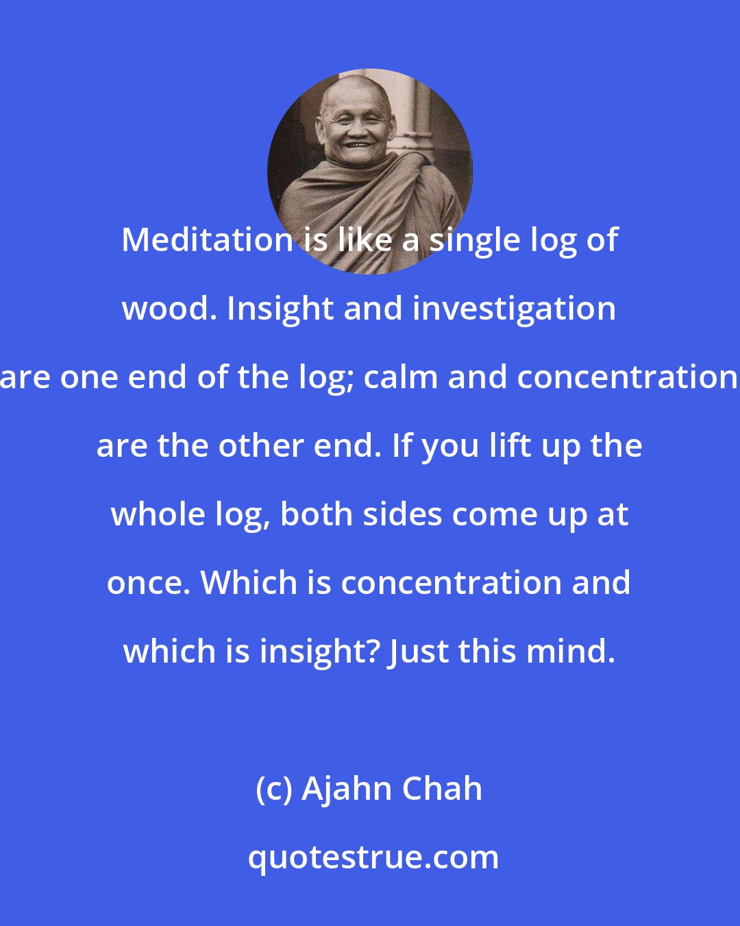 Ajahn Chah: Meditation is like a single log of wood. Insight and investigation are one end of the log; calm and concentration are the other end. If you lift up the whole log, both sides come up at once. Which is concentration and which is insight? Just this mind.