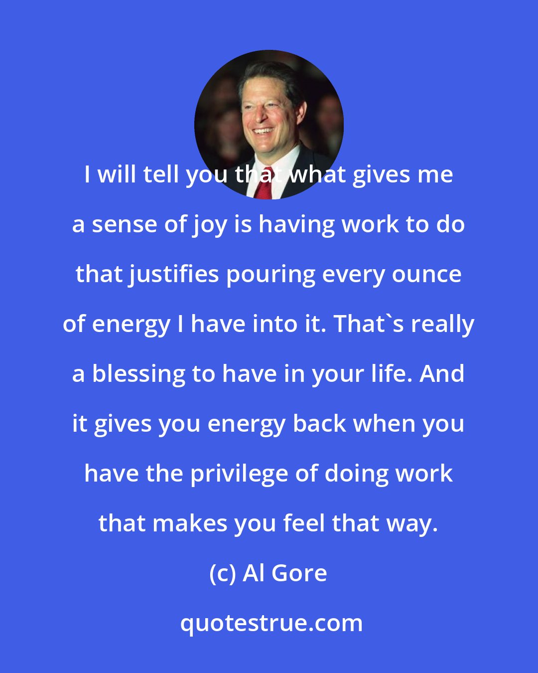 Al Gore: I will tell you that what gives me a sense of joy is having work to do that justifies pouring every ounce of energy I have into it. That's really a blessing to have in your life. And it gives you energy back when you have the privilege of doing work that makes you feel that way.