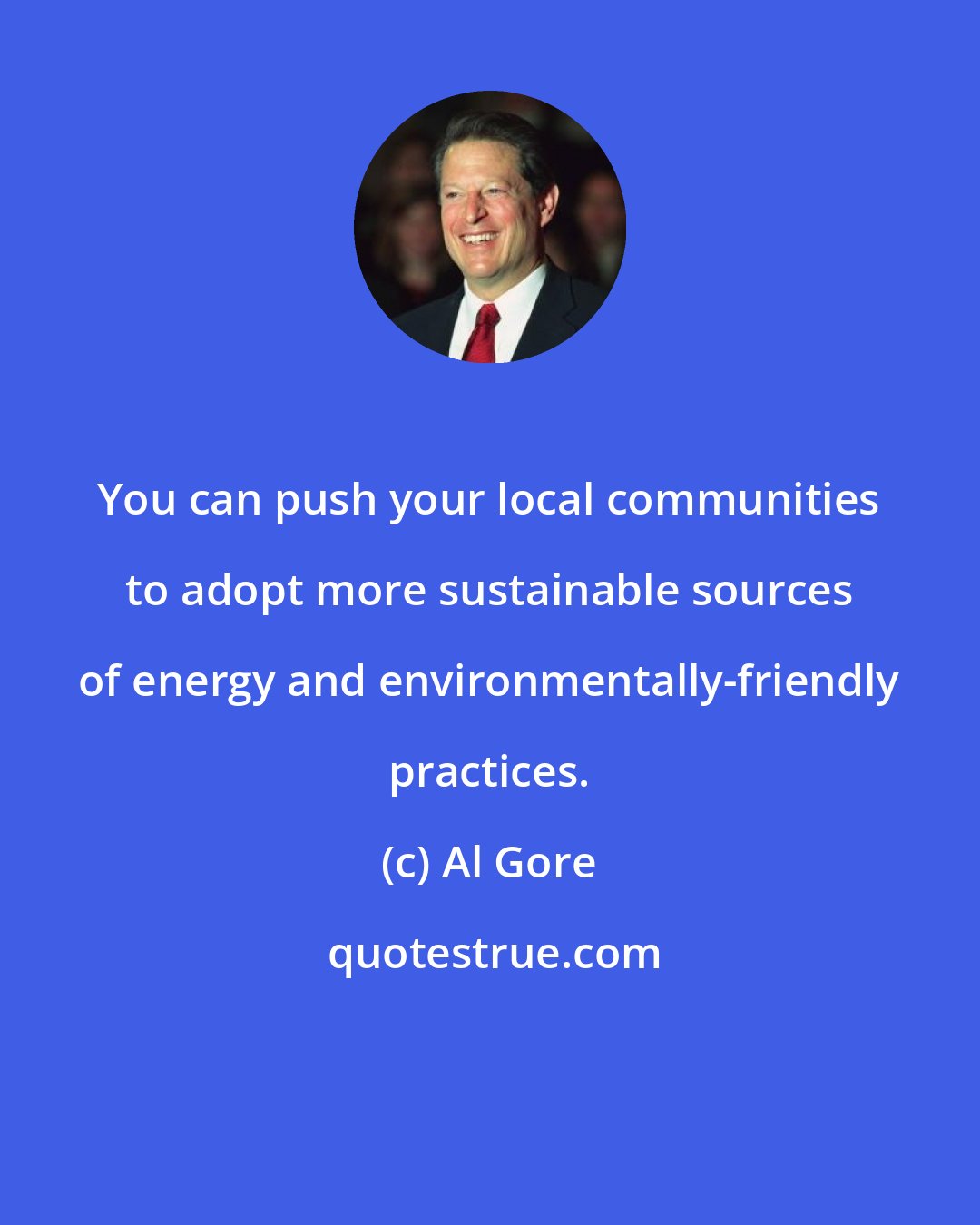Al Gore: You can push your local communities to adopt more sustainable sources of energy and environmentally-friendly practices.