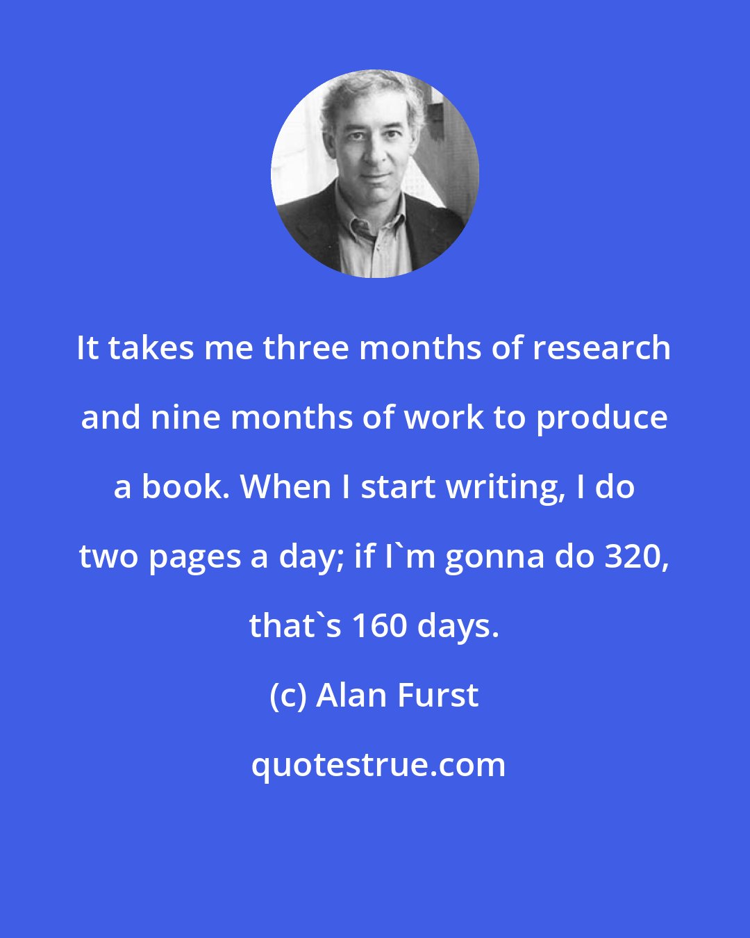 Alan Furst: It takes me three months of research and nine months of work to produce a book. When I start writing, I do two pages a day; if I'm gonna do 320, that's 160 days.