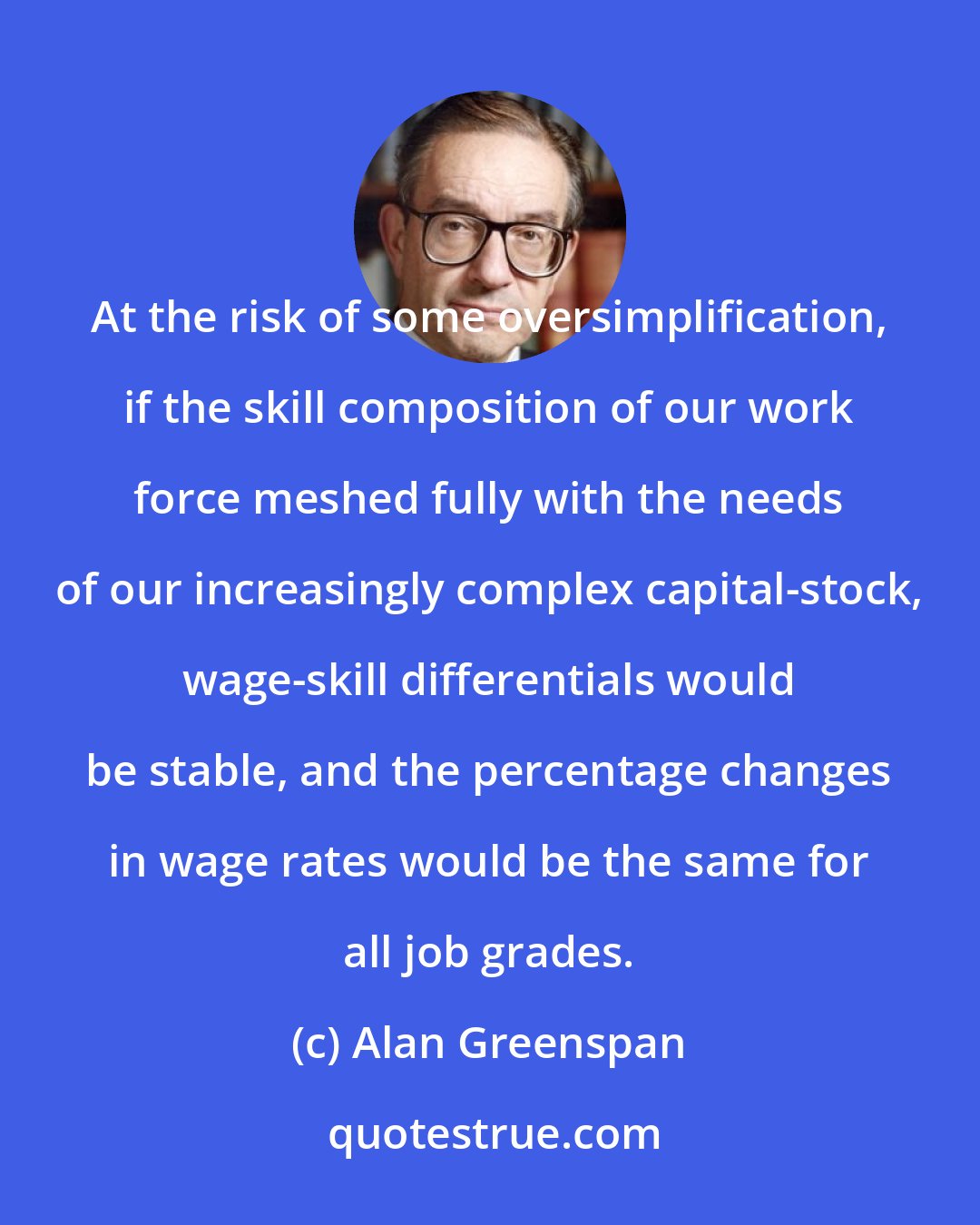 Alan Greenspan: At the risk of some oversimplification, if the skill composition of our work force meshed fully with the needs of our increasingly complex capital-stock, wage-skill differentials would be stable, and the percentage changes in wage rates would be the same for all job grades.