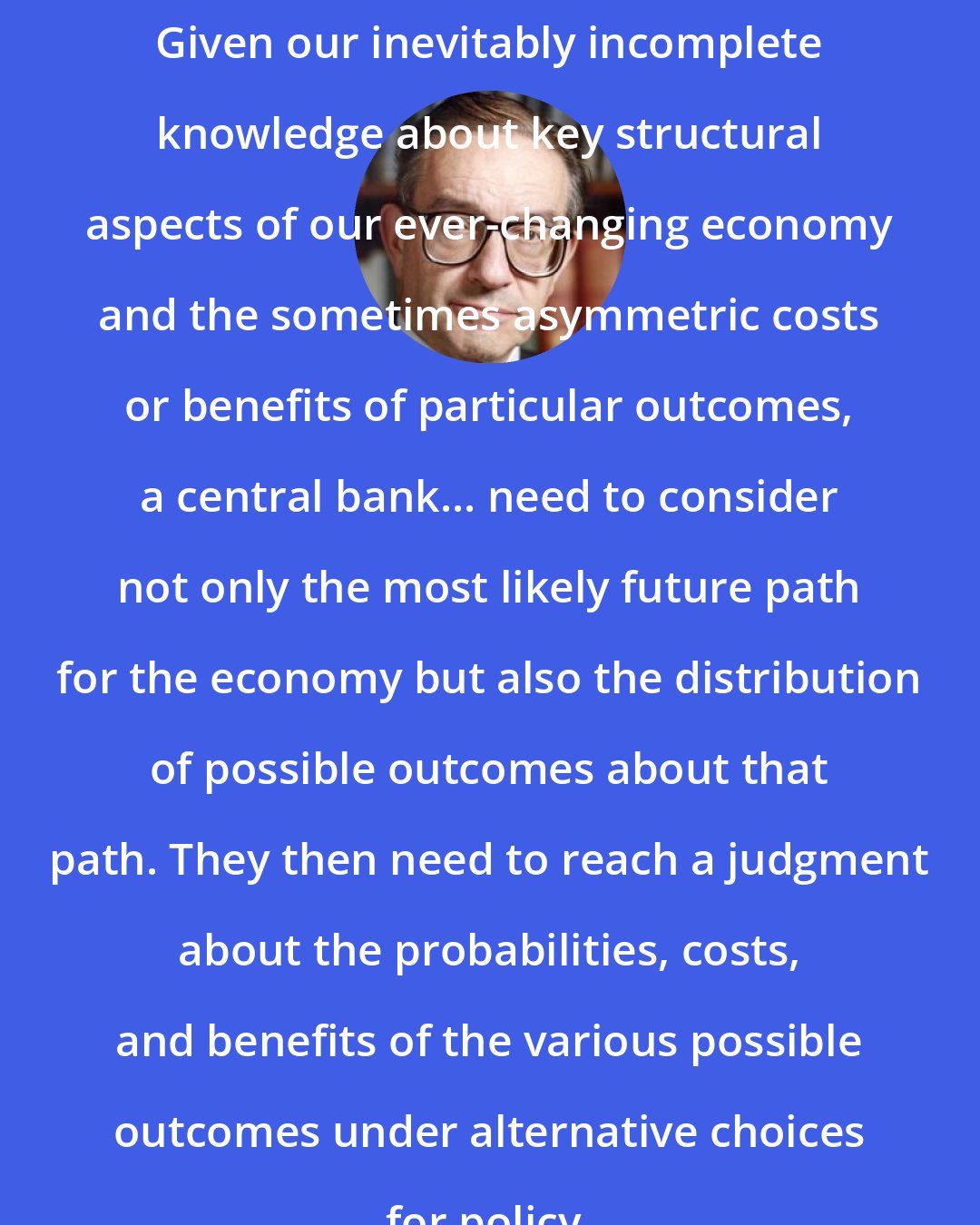 Alan Greenspan: Given our inevitably incomplete knowledge about key structural aspects of our ever-changing economy and the sometimes asymmetric costs or benefits of particular outcomes, a central bank... need to consider not only the most likely future path for the economy but also the distribution of possible outcomes about that path. They then need to reach a judgment about the probabilities, costs, and benefits of the various possible outcomes under alternative choices for policy.