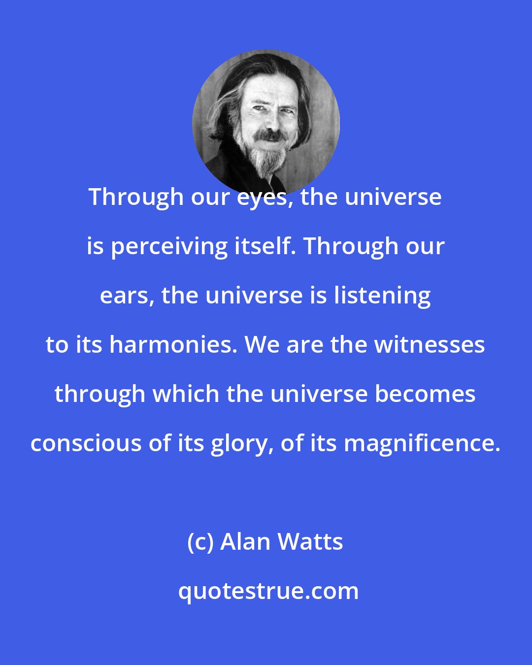 Alan Watts: Through our eyes, the universe is perceiving itself. Through our ears, the universe is listening to its harmonies. We are the witnesses through which the universe becomes conscious of its glory, of its magnificence.