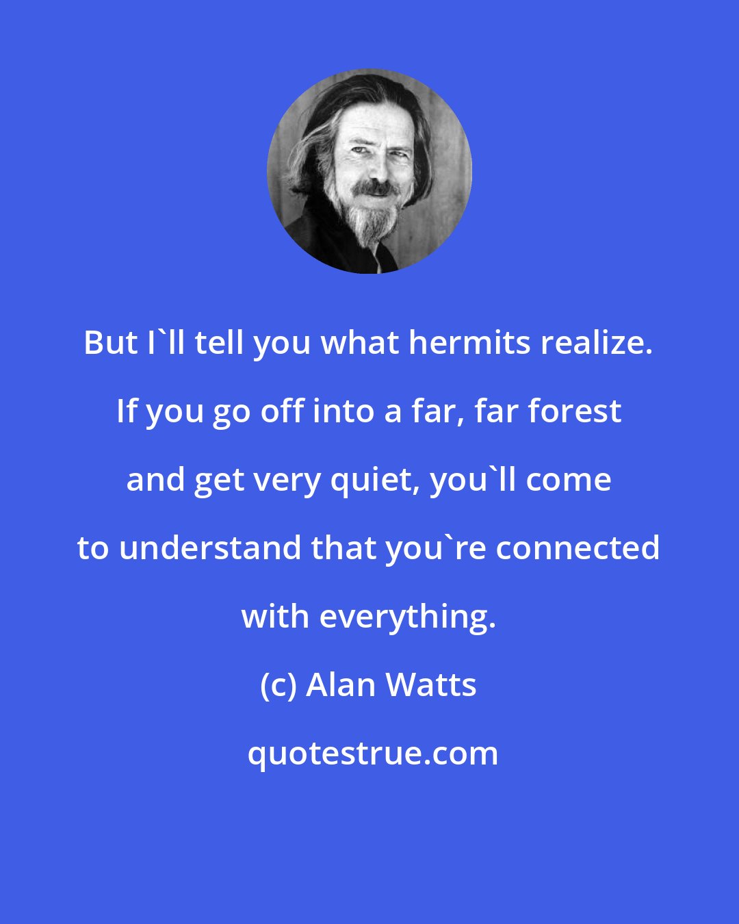 Alan Watts: But I'll tell you what hermits realize. If you go off into a far, far forest and get very quiet, you'll come to understand that you're connected with everything.