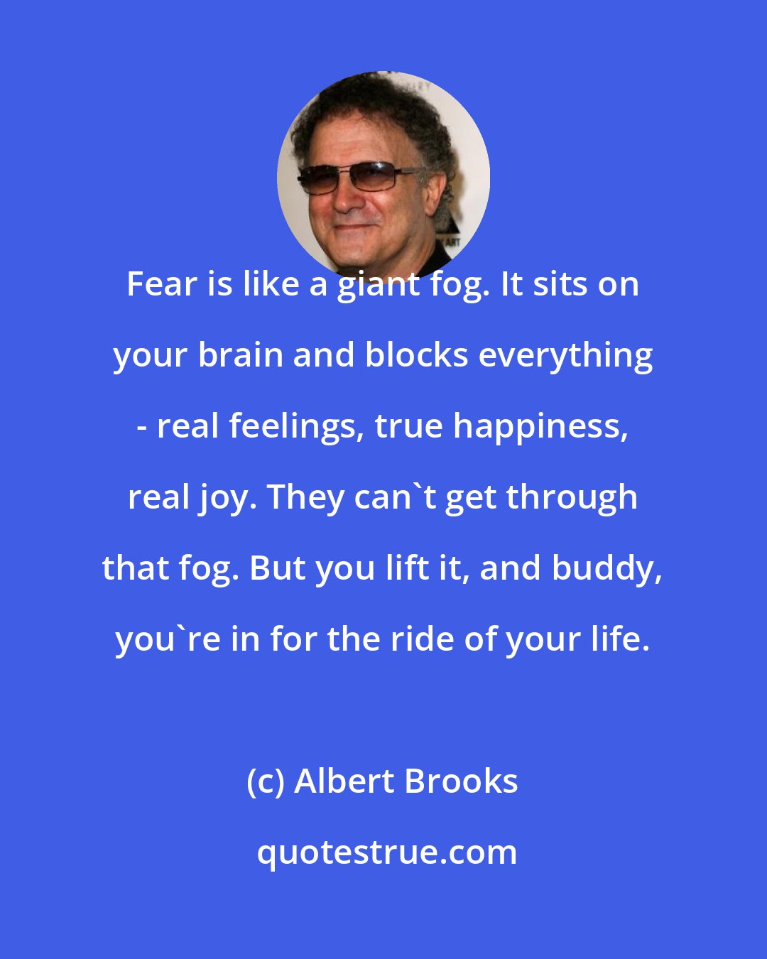 Albert Brooks: Fear is like a giant fog. It sits on your brain and blocks everything - real feelings, true happiness, real joy. They can't get through that fog. But you lift it, and buddy, you're in for the ride of your life.