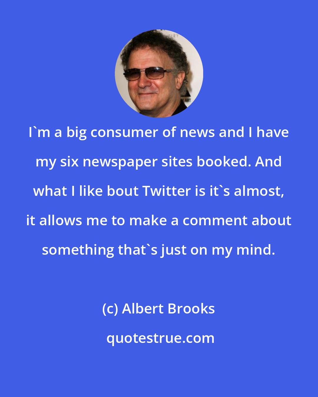 Albert Brooks: I'm a big consumer of news and I have my six newspaper sites booked. And what I like bout Twitter is it's almost, it allows me to make a comment about something that's just on my mind.