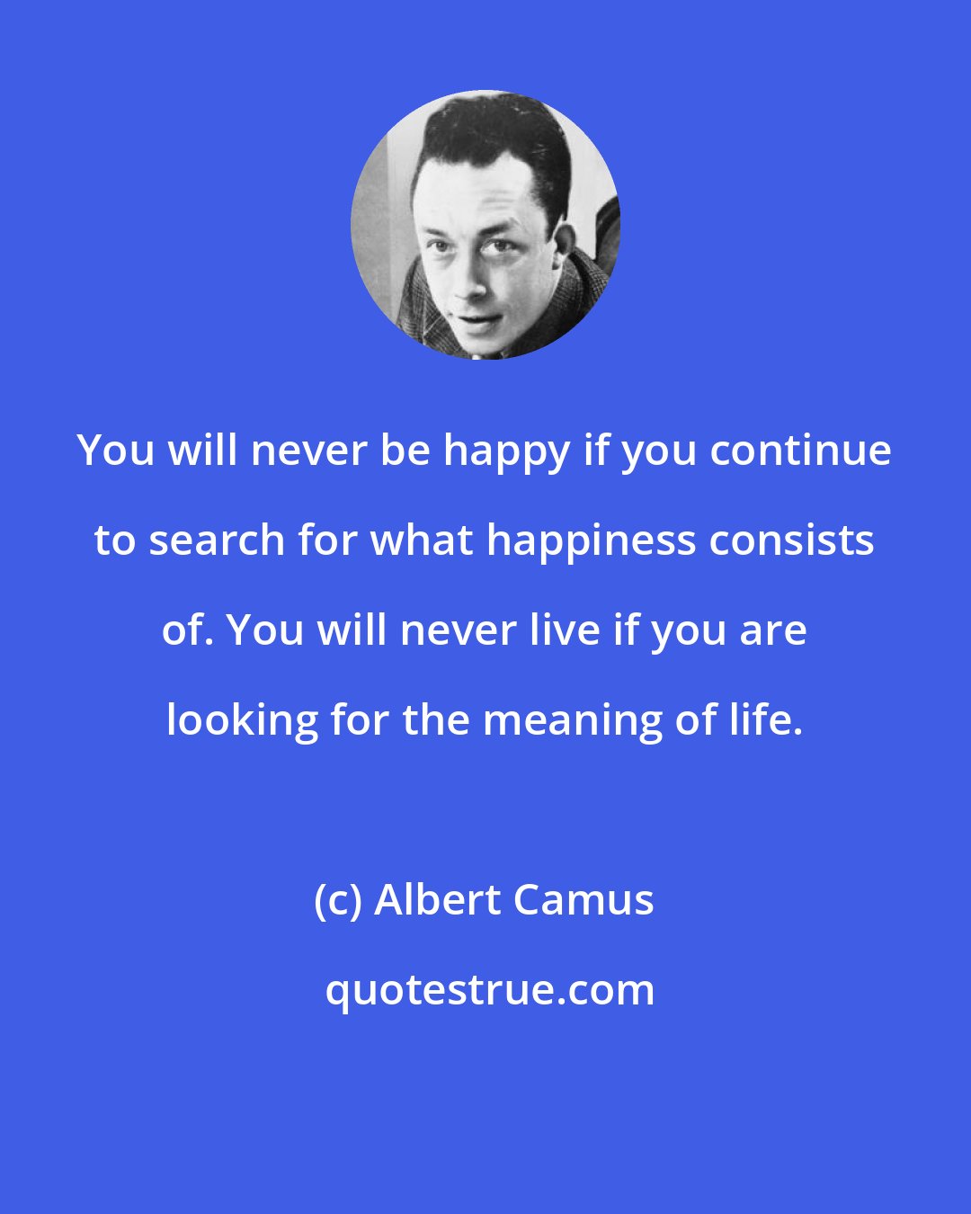 Albert Camus: You will never be happy if you continue to search for what happiness consists of. You will never live if you are looking for the meaning of life.