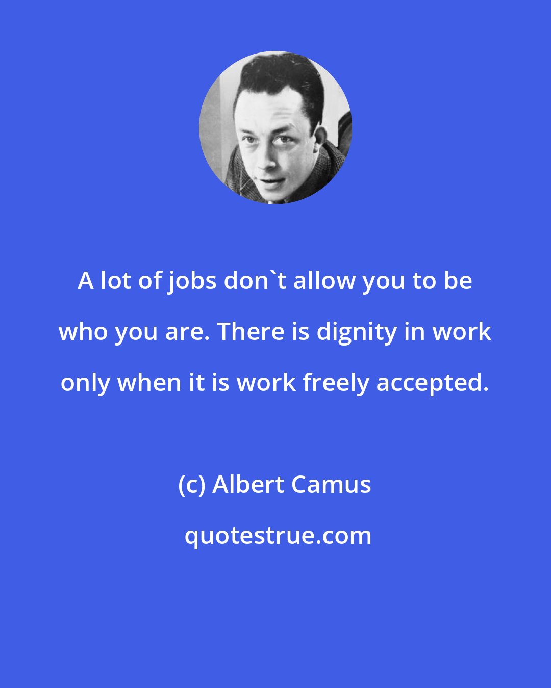 Albert Camus: A lot of jobs don't allow you to be who you are. There is dignity in work only when it is work freely accepted.