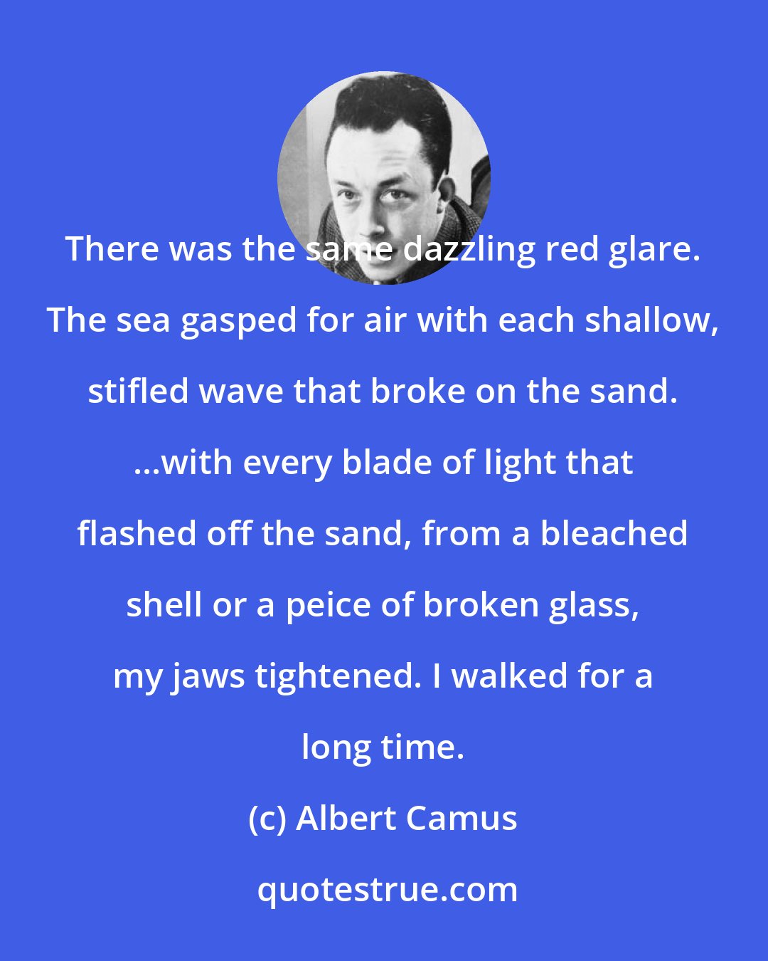 Albert Camus: There was the same dazzling red glare. The sea gasped for air with each shallow, stifled wave that broke on the sand. ...with every blade of light that flashed off the sand, from a bleached shell or a peice of broken glass, my jaws tightened. I walked for a long time.