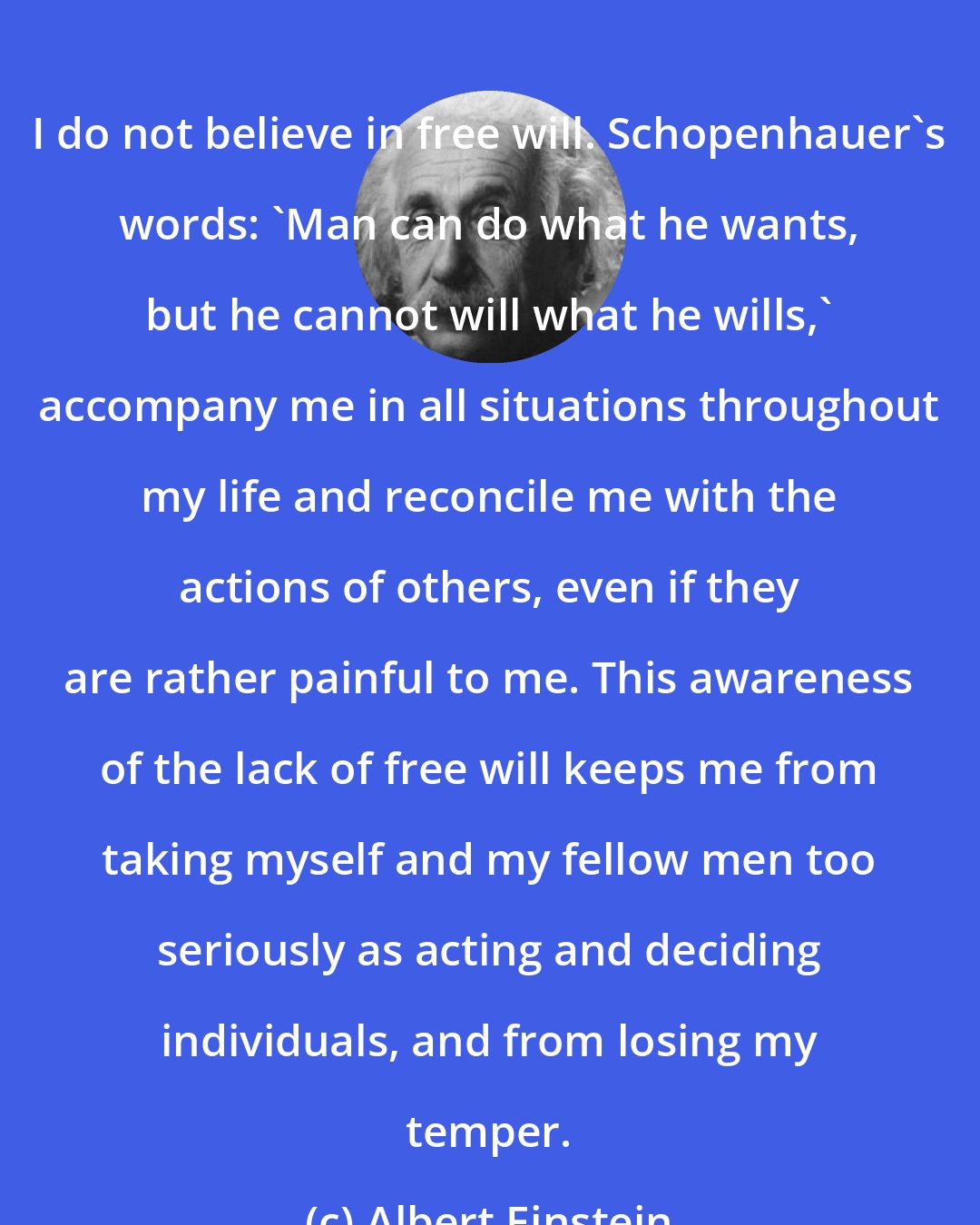 Albert Einstein: I do not believe in free will. Schopenhauer's words: 'Man can do what he wants, but he cannot will what he wills,' accompany me in all situations throughout my life and reconcile me with the actions of others, even if they are rather painful to me. This awareness of the lack of free will keeps me from taking myself and my fellow men too seriously as acting and deciding individuals, and from losing my temper.