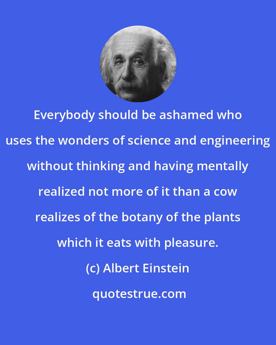 Albert Einstein: Everybody should be ashamed who uses the wonders of science and engineering without thinking and having mentally realized not more of it than a cow realizes of the botany of the plants which it eats with pleasure.