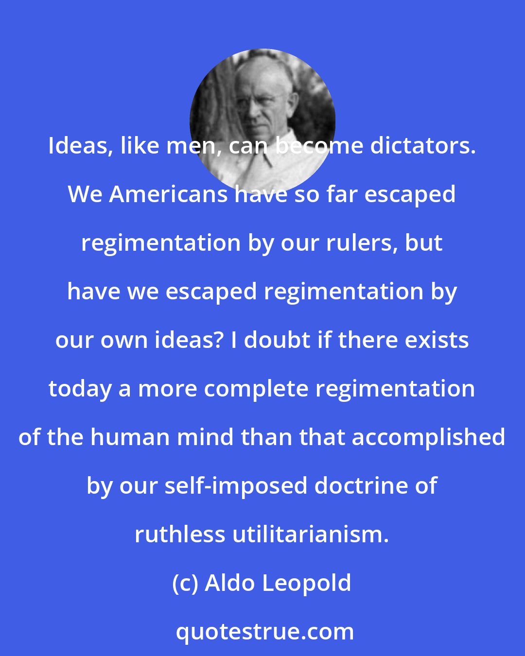 Aldo Leopold: Ideas, like men, can become dictators. We Americans have so far escaped regimentation by our rulers, but have we escaped regimentation by our own ideas? I doubt if there exists today a more complete regimentation of the human mind than that accomplished by our self-imposed doctrine of ruthless utilitarianism.