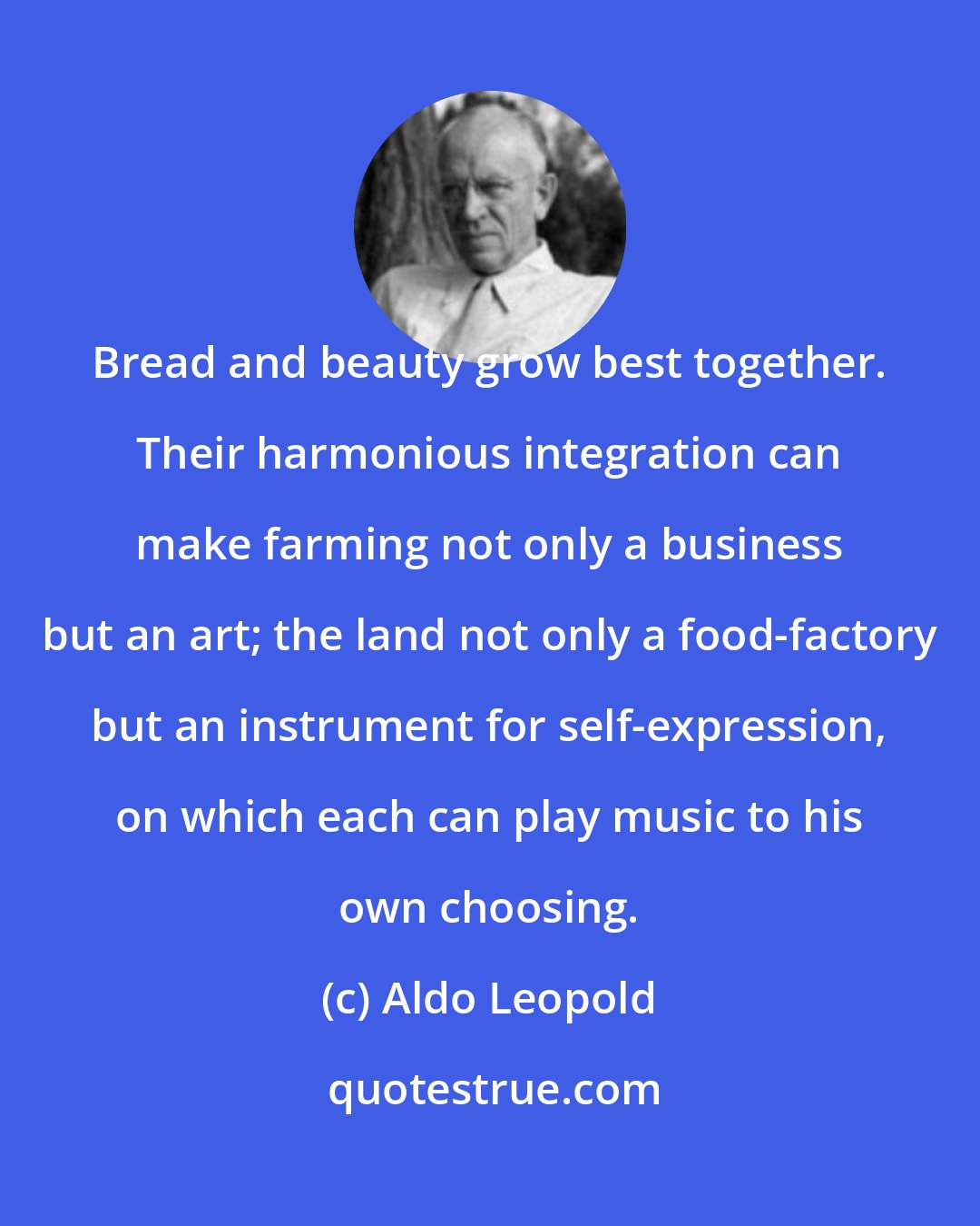 Aldo Leopold: Bread and beauty grow best together. Their harmonious integration can make farming not only a business but an art; the land not only a food-factory but an instrument for self-expression, on which each can play music to his own choosing.