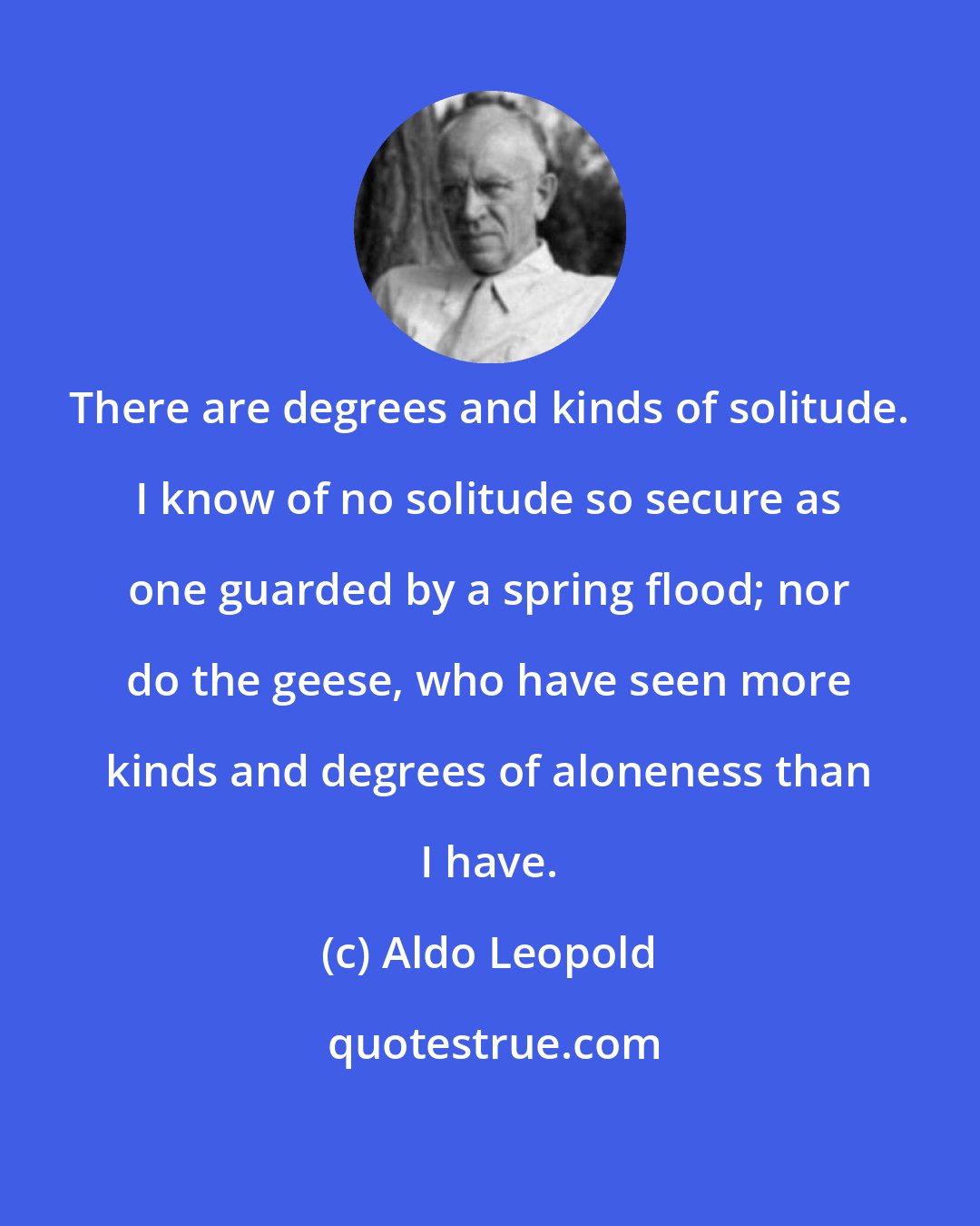 Aldo Leopold: There are degrees and kinds of solitude. I know of no solitude so secure as one guarded by a spring flood; nor do the geese, who have seen more kinds and degrees of aloneness than I have.