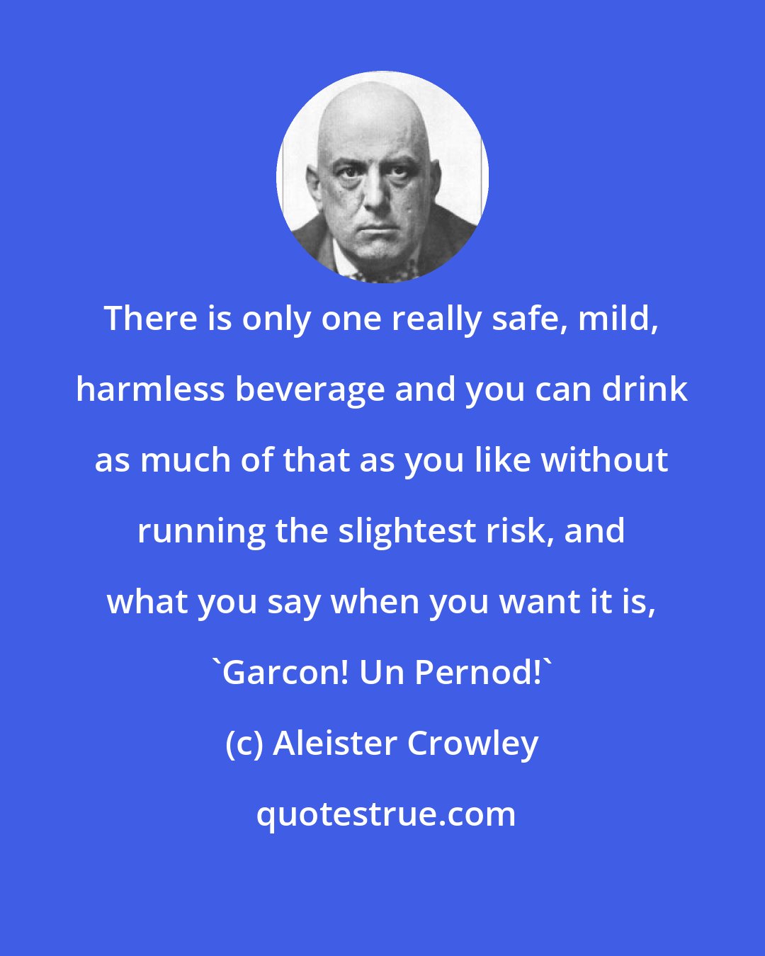 Aleister Crowley: There is only one really safe, mild, harmless beverage and you can drink as much of that as you like without running the slightest risk, and what you say when you want it is, 'Garcon! Un Pernod!'