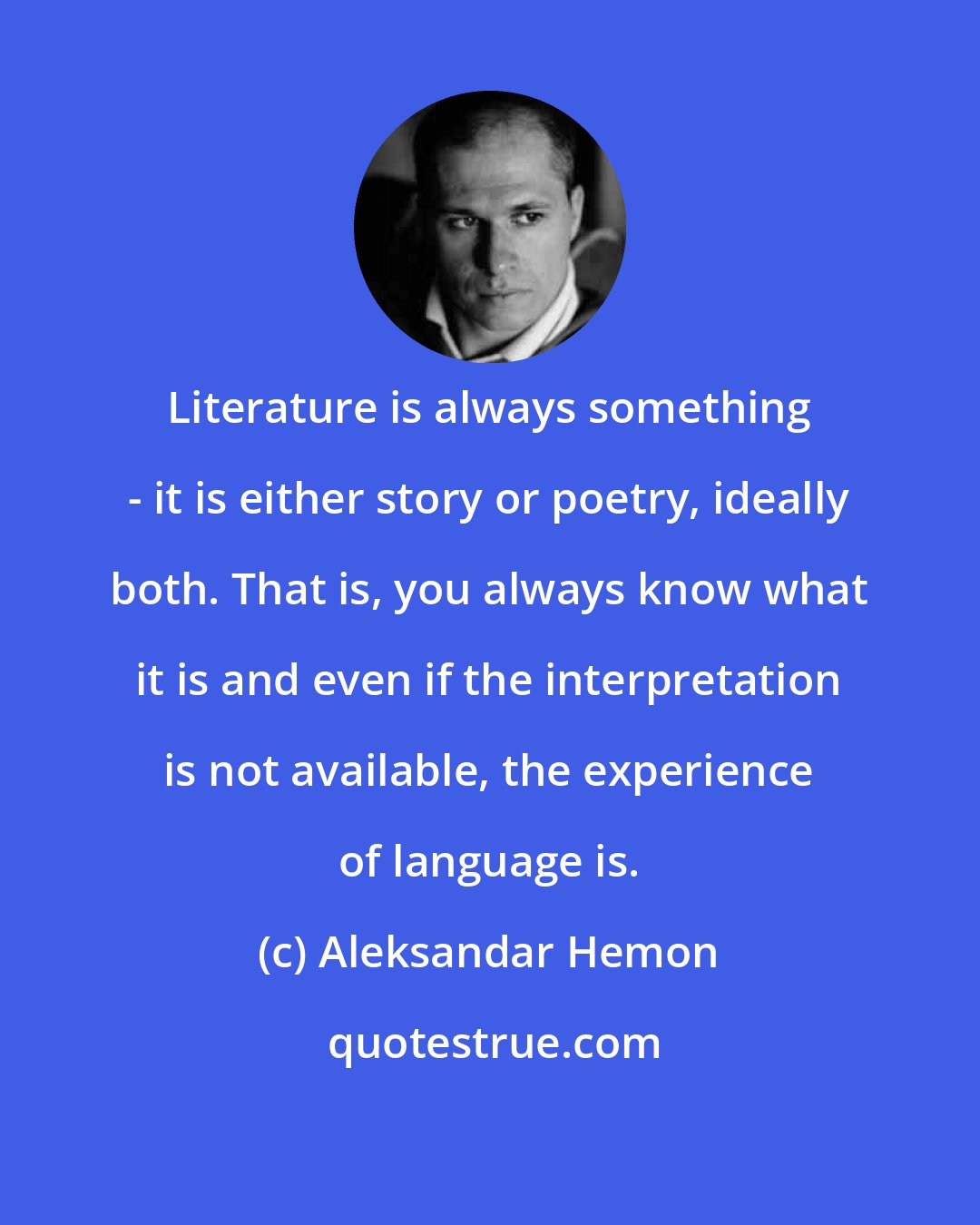 Aleksandar Hemon: Literature is always something - it is either story or poetry, ideally both. That is, you always know what it is and even if the interpretation is not available, the experience of language is.