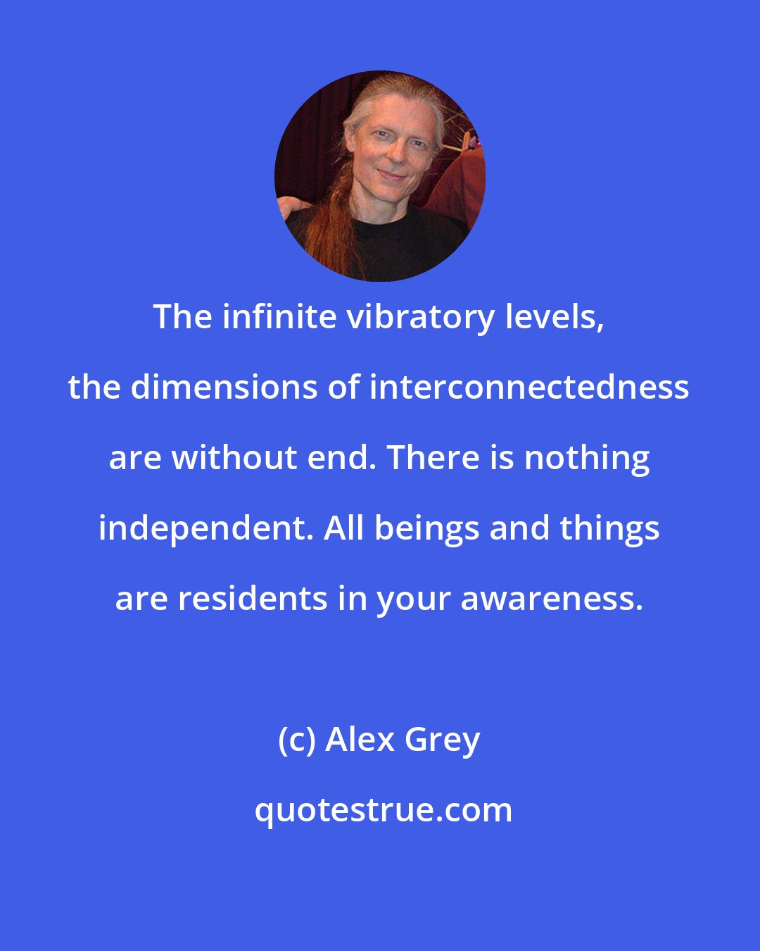 Alex Grey: The infinite vibratory levels, the dimensions of interconnectedness are without end. There is nothing independent. All beings and things are residents in your awareness.