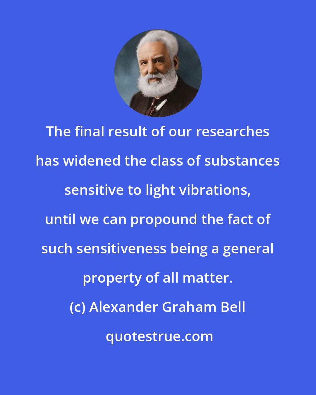 Alexander Graham Bell: The final result of our researches has widened the class of substances sensitive to light vibrations, until we can propound the fact of such sensitiveness being a general property of all matter.