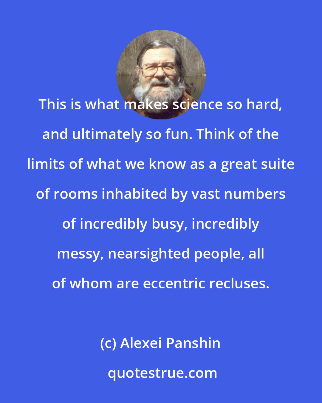 Alexei Panshin: This is what makes science so hard, and ultimately so fun. Think of the limits of what we know as a great suite of rooms inhabited by vast numbers of incredibly busy, incredibly messy, nearsighted people, all of whom are eccentric recluses.