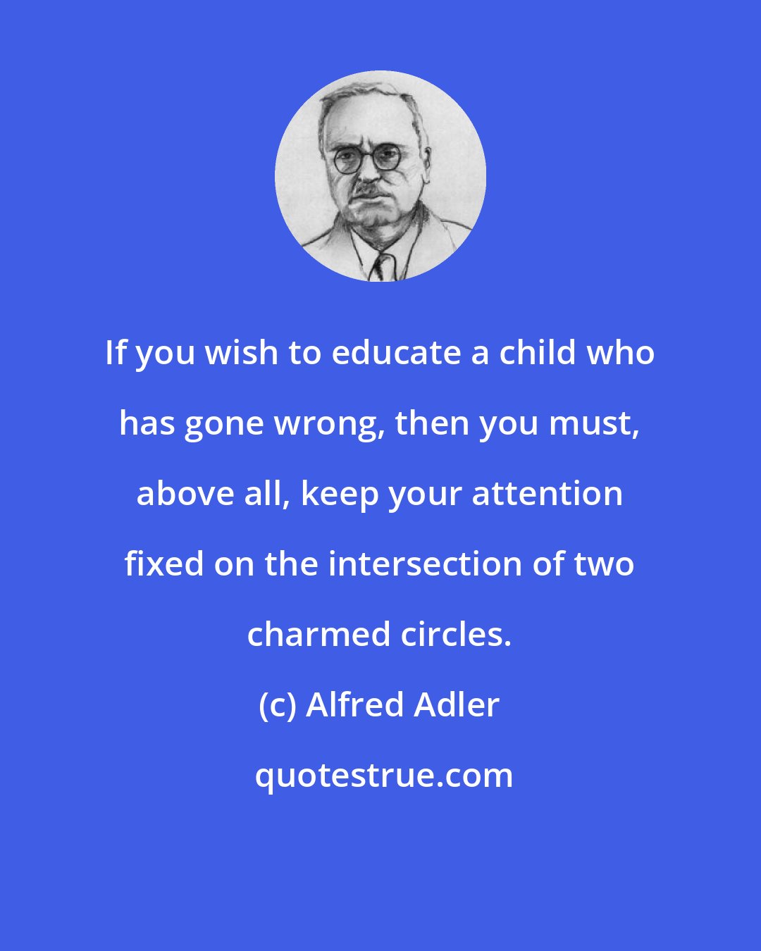 Alfred Adler: If you wish to educate a child who has gone wrong, then you must, above all, keep your attention fixed on the intersection of two charmed circles.