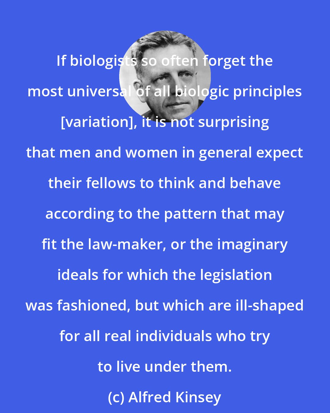 Alfred Kinsey: If biologists so often forget the most universal of all biologic principles [variation], it is not surprising that men and women in general expect their fellows to think and behave according to the pattern that may fit the law-maker, or the imaginary ideals for which the legislation was fashioned, but which are ill-shaped for all real individuals who try to live under them.