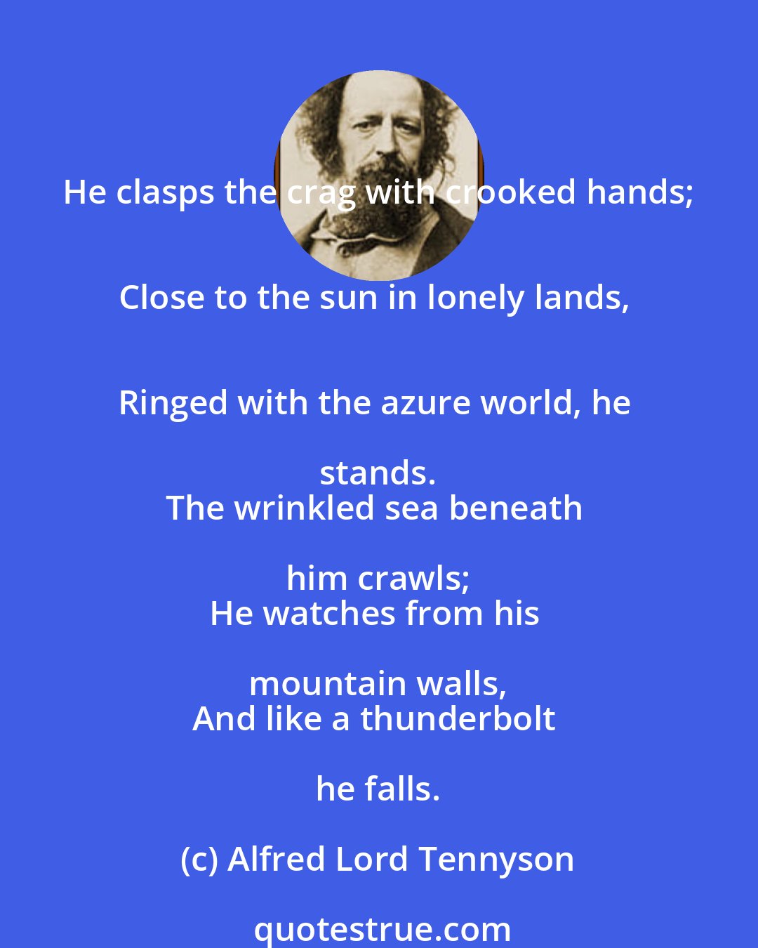 Alfred Lord Tennyson: He clasps the crag with crooked hands; 
Close to the sun in lonely lands, 
Ringed with the azure world, he stands. 
The wrinkled sea beneath him crawls; 
He watches from his mountain walls, 
And like a thunderbolt he falls.