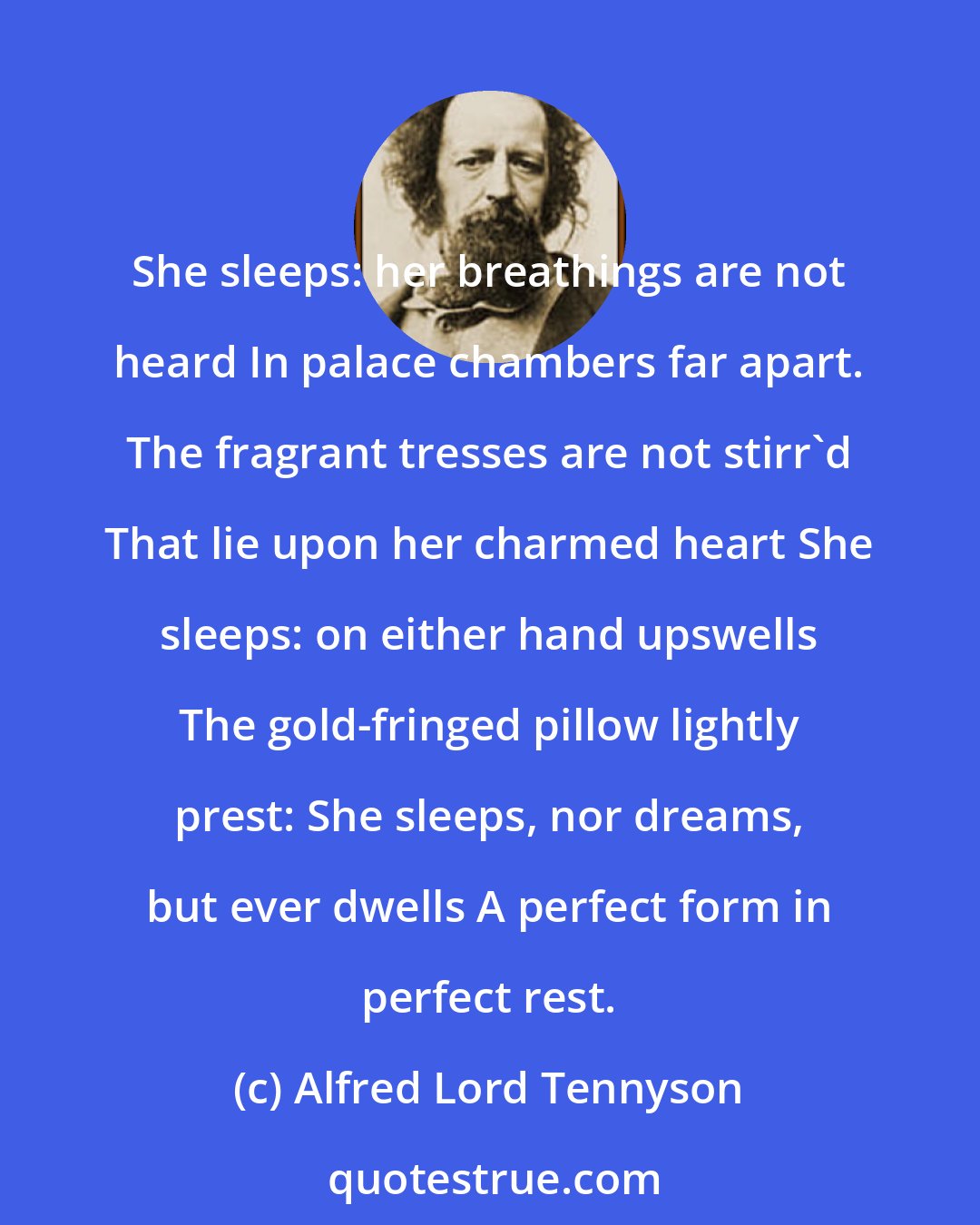 Alfred Lord Tennyson: She sleeps: her breathings are not heard In palace chambers far apart. The fragrant tresses are not stirr'd That lie upon her charmed heart She sleeps: on either hand upswells The gold-fringed pillow lightly prest: She sleeps, nor dreams, but ever dwells A perfect form in perfect rest.