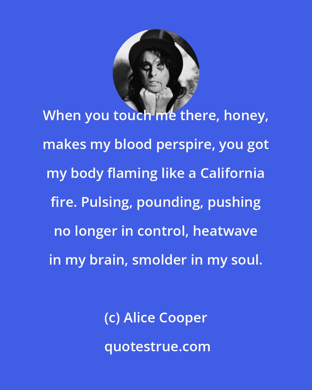 Alice Cooper: When you touch me there, honey, makes my blood perspire, you got my body flaming like a California fire. Pulsing, pounding, pushing no longer in control, heatwave in my brain, smolder in my soul.