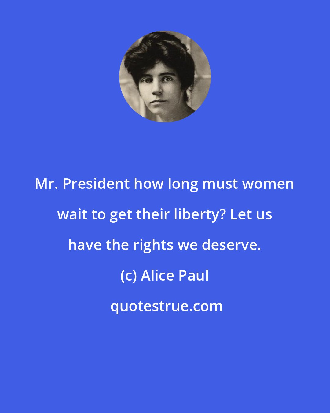 Alice Paul: Mr. President how long must women wait to get their liberty? Let us have the rights we deserve.