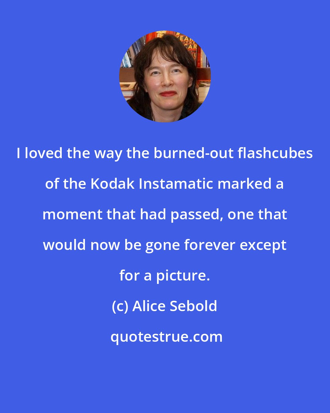 Alice Sebold: I loved the way the burned-out flashcubes of the Kodak Instamatic marked a moment that had passed, one that would now be gone forever except for a picture.