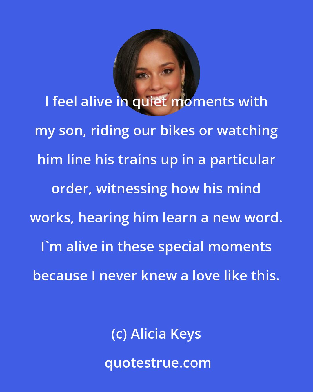 Alicia Keys: I feel alive in quiet moments with my son, riding our bikes or watching him line his trains up in a particular order, witnessing how his mind works, hearing him learn a new word. I'm alive in these special moments because I never knew a love like this.