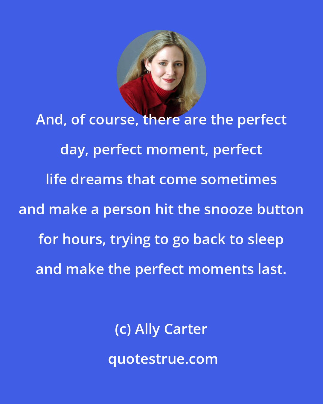 Ally Carter: And, of course, there are the perfect day, perfect moment, perfect life dreams that come sometimes and make a person hit the snooze button for hours, trying to go back to sleep and make the perfect moments last.