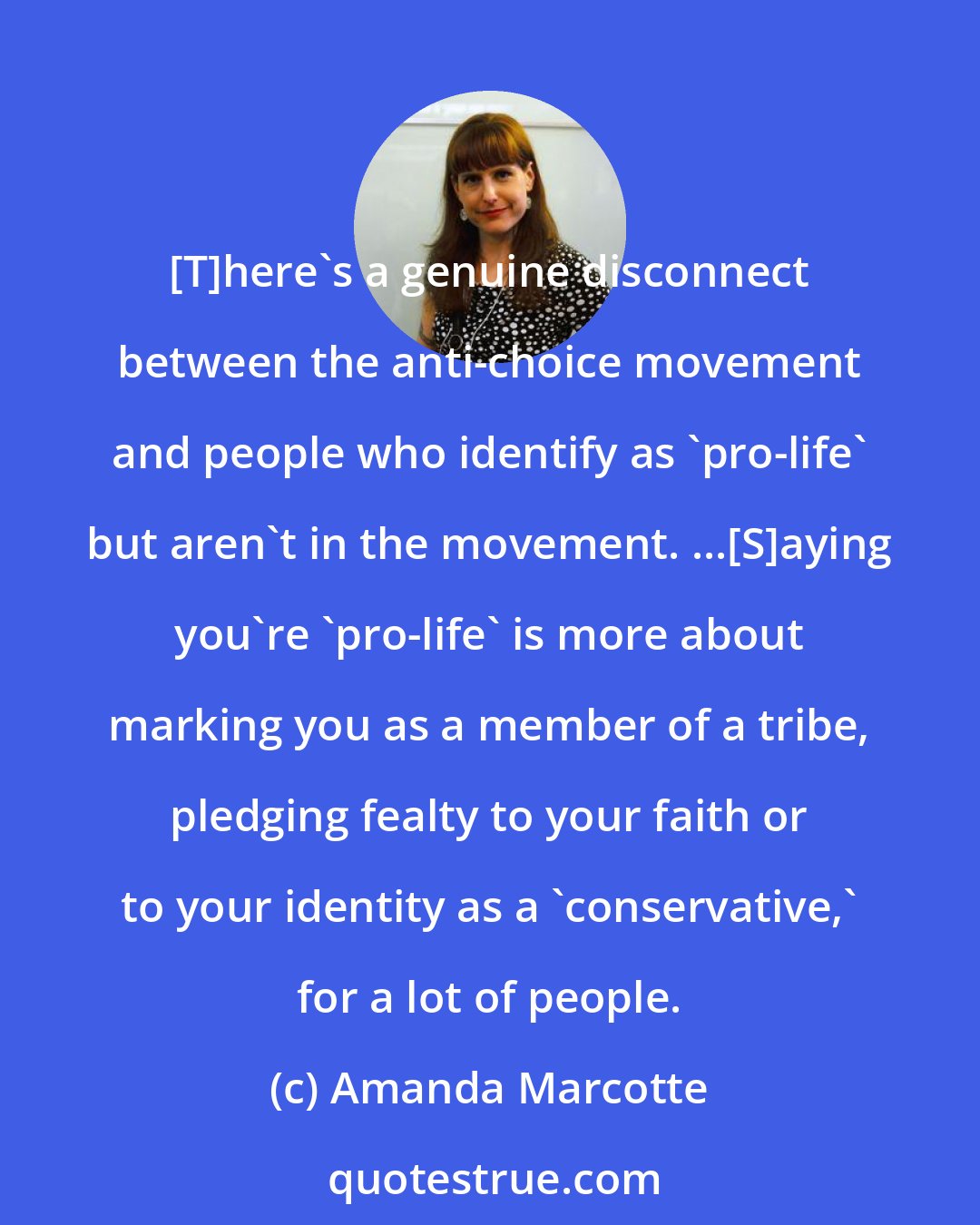 Amanda Marcotte: [T]here's a genuine disconnect between the anti-choice movement and people who identify as 'pro-life' but aren't in the movement. ...[S]aying you're 'pro-life' is more about marking you as a member of a tribe, pledging fealty to your faith or to your identity as a 'conservative,' for a lot of people.