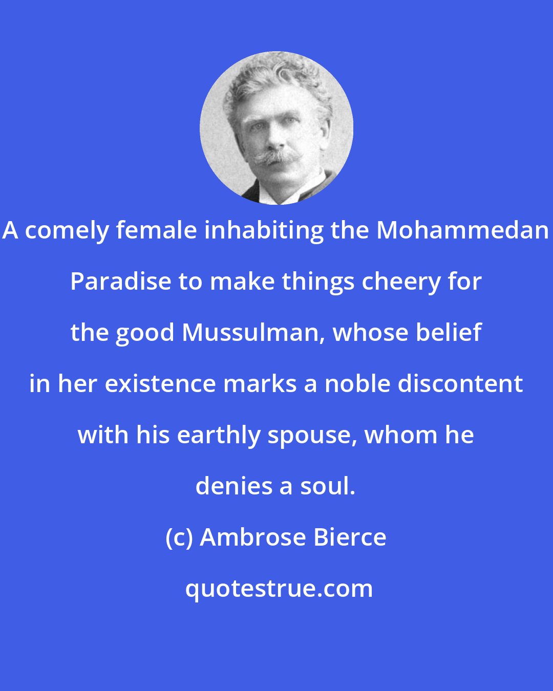 Ambrose Bierce: A comely female inhabiting the Mohammedan Paradise to make things cheery for the good Mussulman, whose belief in her existence marks a noble discontent with his earthly spouse, whom he denies a soul.
